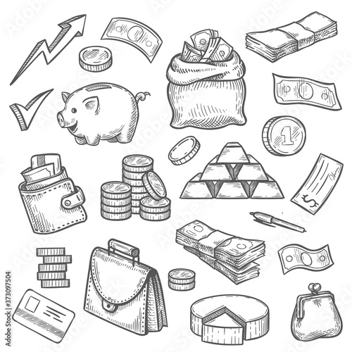Money and finance sketch. Credit card, gold bars, purse, briefcase and dollars sack. Coins, piggy bank, business investment icons vector set. Financial and banking objects illustration