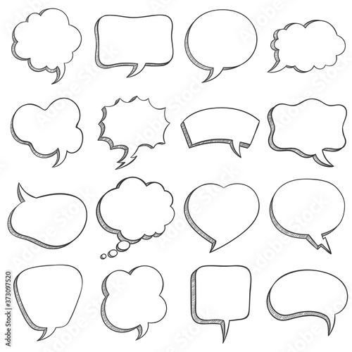 Sketch speech bubble. Empty comic speech bubbles different shapes for message, dialog balloons and cloud, outline doodle style vector set. Square, rectangle, heart and cloud shape bubbles