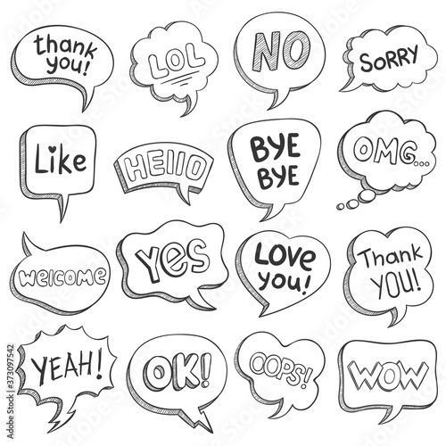 Speech bubbles with dialog words. Sketch bubble different shapes with message, short phrases thank you, bye, ok, omg, wow, lol vector set. Comic balloons for thought, idea, comment