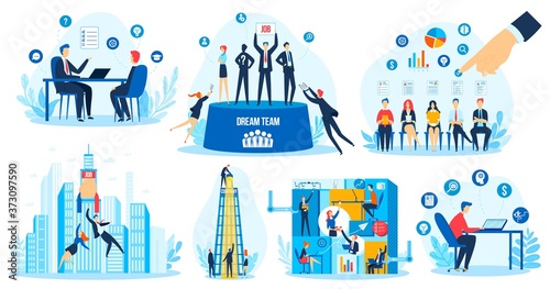 Recruitment hr search concept vector illustration set. Cartoon flat recruit character in job vacancy searching, candidate people meeting with interviewer employer on hiring interview isolated on white