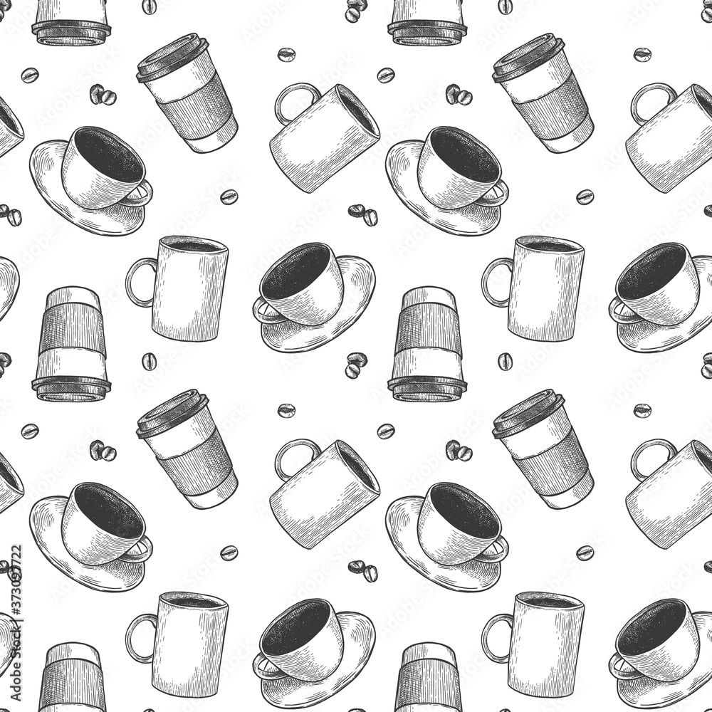 Coffee cup seamless pattern. Sketch tea and coffee cups, hot drinks various mugs black outline, cafeteria wallpaper engraving vector texture. Takeaway paper cups, design for coffee house