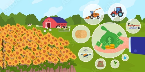 Finance support for agriculture business vector illustration. Cartoon flat businessman hand financing new agricultural farm technology, buying farmers equipment, agribusiness management background