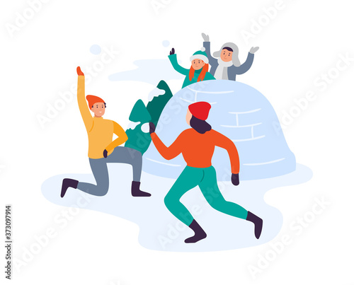 Winter activities. Family playing snowball fight. Children having fun in snow in winter. Cartoon flat people spending time together, cheerful leisure active lifestyle vector illustration