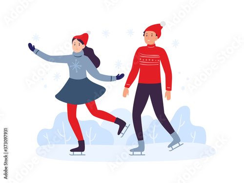 Winter sport activities. Friends skiing together wearing warm clothing. Young girl and boy spending leisure time actively on ice rink or frozen lake. Happy couple vector illustration