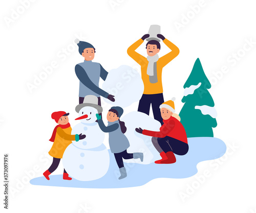 Winter activities. Happy family making snowman. Parents with children spending time in snowy park. Active recreation, leisure on vacation. Winter holidays and fun vector illustration