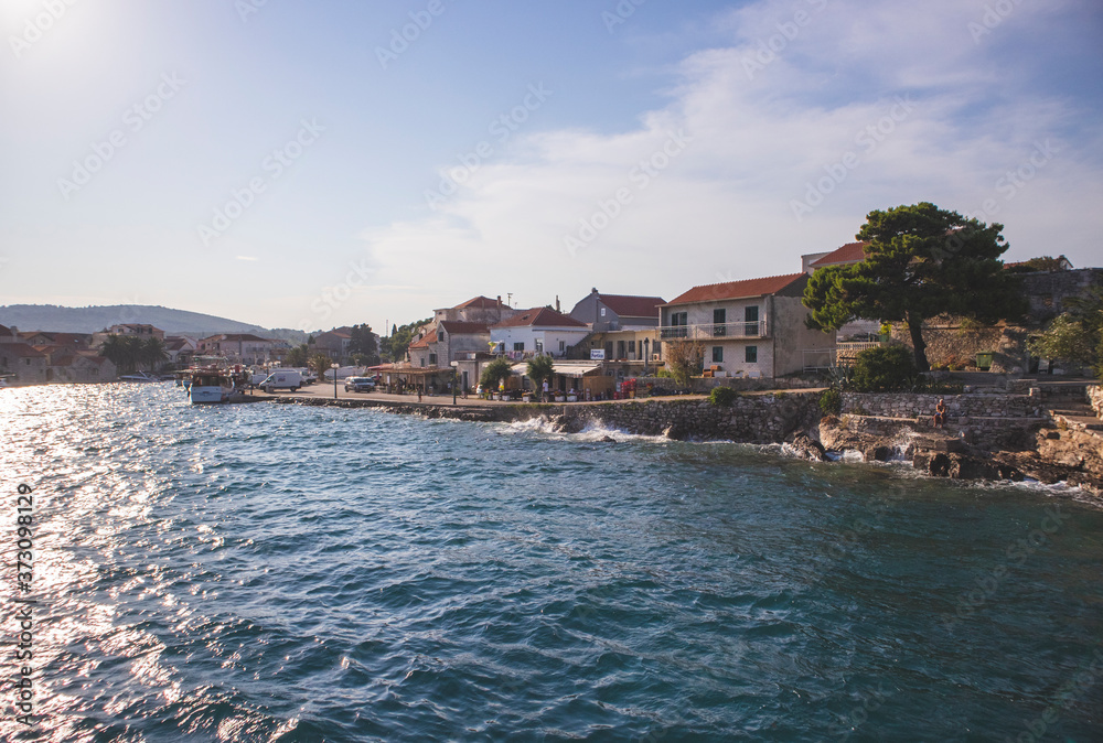 Sucuraj/Croatia-August 3rd,2020: Arriving in the town of Sucuraj on the south side of Hvar island with ferry boat transporting cars on the island during summer vacation