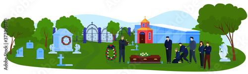 Funeral cemetery ceremony vector illustration. Cartoon flat funerary ceremonial group of sad people in black mourning clothes standing near coffin in graveyard, burial service agency isolated on white