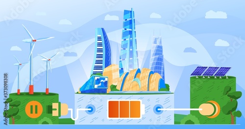Modern city eco green energy technology concept vector illustration. Cartoon flat future cityscape system connected with solar panel, wind turbine, alternative sustainable ecology resources background