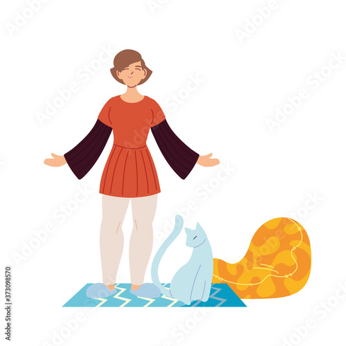 brown hair woman cartoon with cat and puf vector design