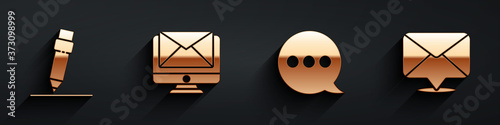 Set Pencil with eraser, Monitor and envelope, Speech bubble chat and Envelope icon with long shadow. Vector.