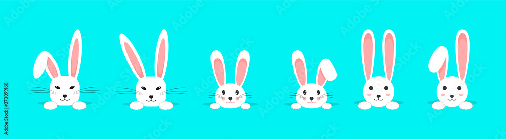 Set of Easter white rabbits looking out of the mink. Rabbit ears. Beautiful, cute rabbit. Vector illustration Set of Easter white rabbits looking out of the mink. Rabbit ears. Beautiful, cute rabbit. Vector illustration