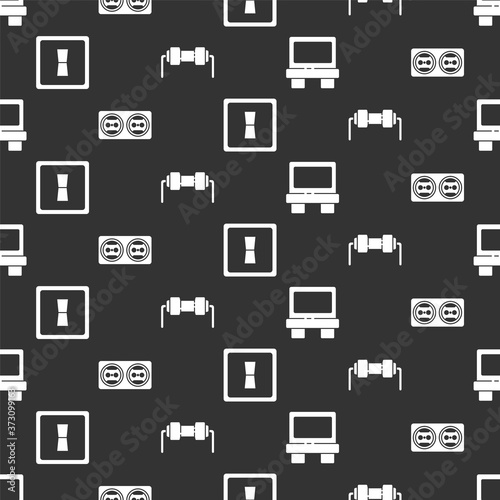 Set Fuse, Electrical outlet, Electric light switch and Resistor electricity on seamless pattern. Vector.
