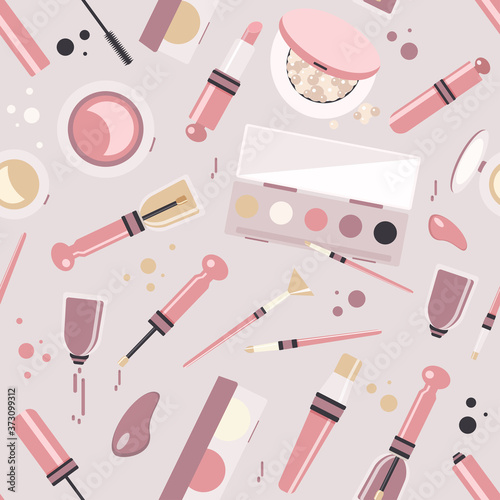 Makeup seamless pattern. Vectori illustrations of various cosmetic products.