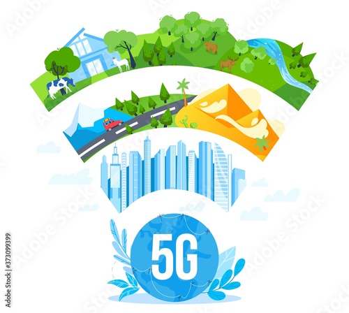 5G internet networking communication vector illustration. Cartoon flat 5g network logo under smart modern city, farm nature countryside landscape, global telecommunication concept isolated on white