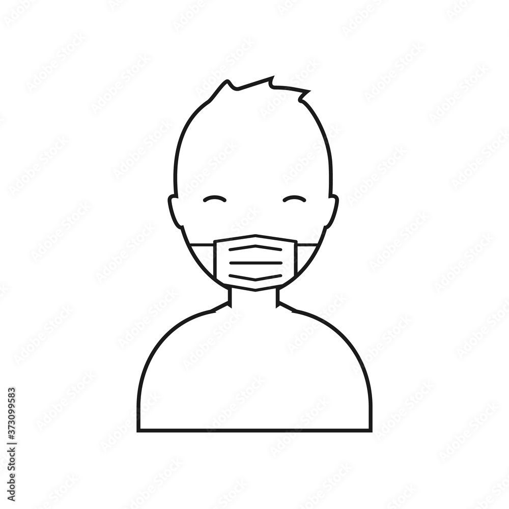 Boy with a protective mask on his face. Outline icon. Vector illustration Boy with a protective mask on his face. Outline icon. Vector illustration