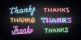 Vector set of realistic isolated neon sign of Thanks typography logo for template decoration and layout covering on the wall background.

