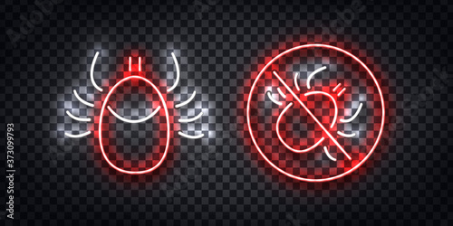 Vector realistic isolated neon sign of Ixodes Tick warning logo for template decoration and covering on the transparent background. Concept of mite danger, disease and encephalitis precaution.