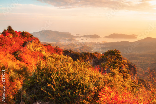 The Landscape of Mountains with Maple Leaves after Sunset in Autumn or Fall, Kankakei in Kagawa Prefecture in Japan