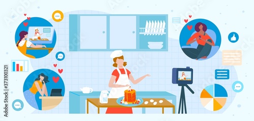 Children cook online for tv show vector illustration. Cartoon flat child character cooking pancakes in kitchen for television channel culinary game or video blog content for social media background