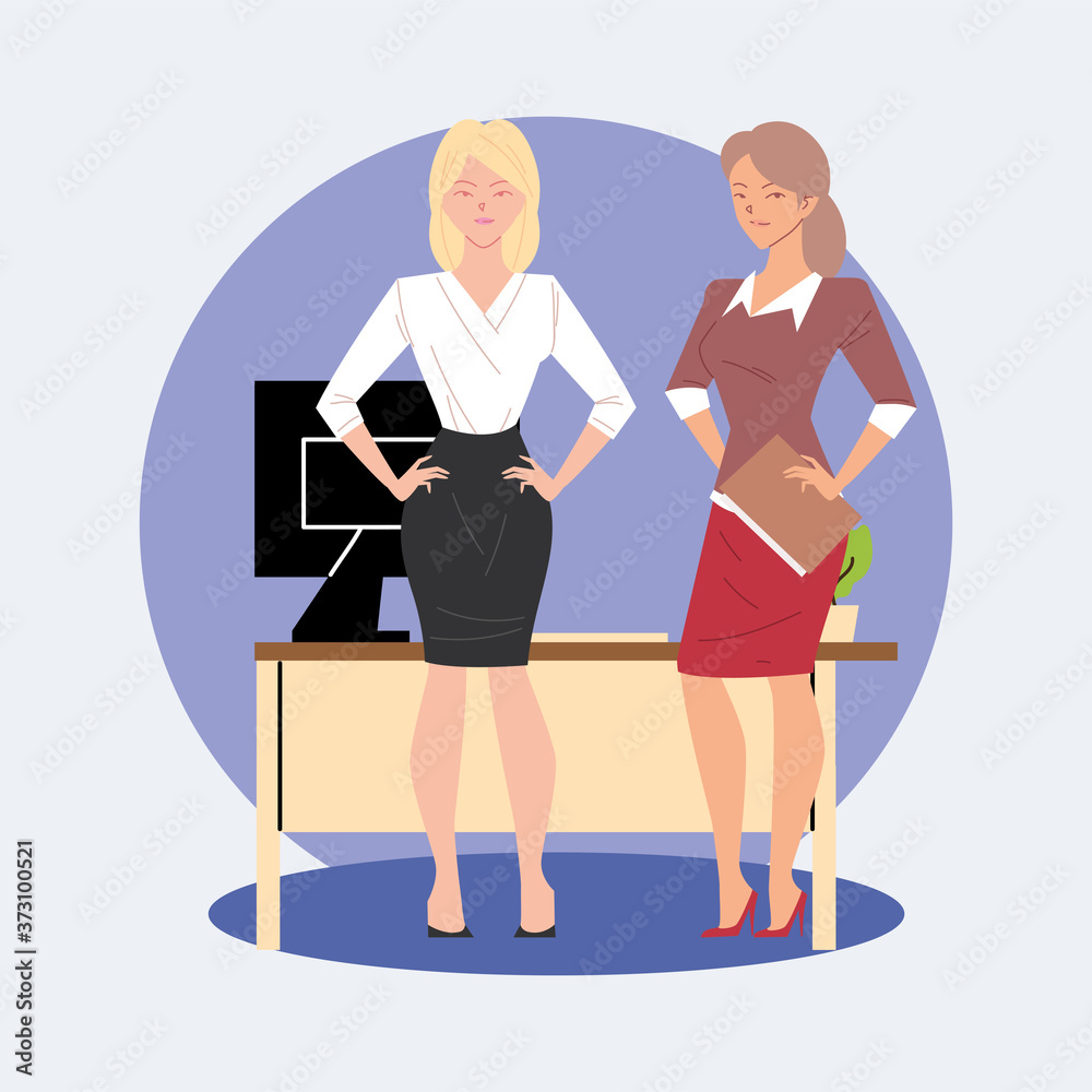 businesswomen cartoons with computer on desk vector design
