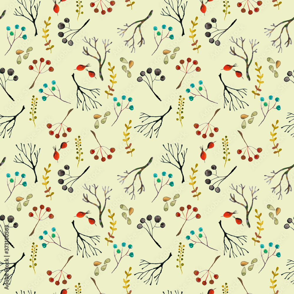 seamless floral pattern with Twigs, seeds, rose hips. Watercolor. Fall.