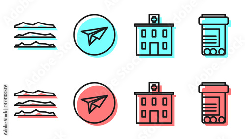 Set line Medical hospital building, Cocaine or heroin drug, Messenger and Medicine bottle and pills icon. Vector.