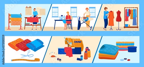 Textile industry vector illustration set. Cartoon flat professional dressmaker seamstress woman characters working, dressmaking, modeling and sewing dresses in workshop, tailor profession background