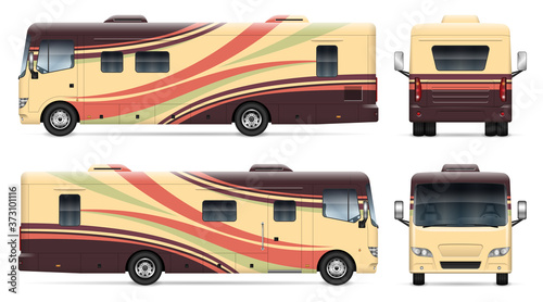 Recreational vehicle vector mockup on white for vehicle branding, corporate identity. View from side, front, back. All elements in the groups on separate layers for easy editing and recolor.