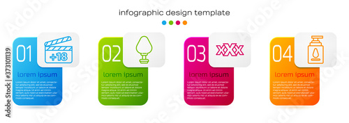 Set line Movie clapper with 18 plus content, Anal plug, Sex shop and Personal lubricant. Business infographic template. Vector.