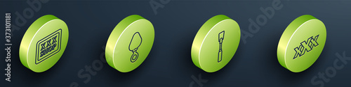 Set Isometric Sex shop, Anal plug, Leather whip and Sex shop icon. Vector.