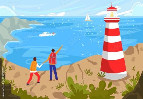 People travel to coastal sea beach landscape vector illustration. Cartoon flat couple tourist characters have fun at nature, travelers enjoy natural seascape with lighthouse boat, vacation background