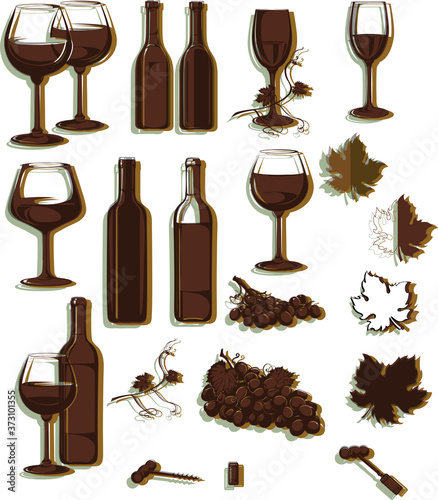 Wine, wine vocal image, wine bottles, bunch of grapes, black, color 