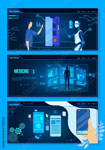 UX UI design of future technology vector illustration set. Cartoon flat blue modern futuristic interface concept collection for medicine clinical human data research, designer work with robot support