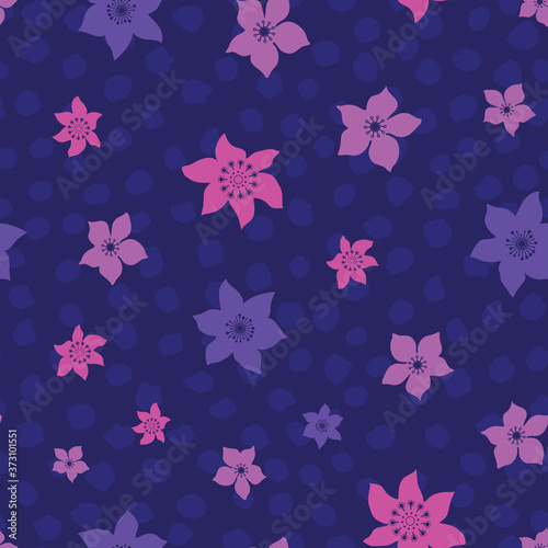 Tropical ditsy flowers vector repeat pattern with spots. Pattern for fabric, backgrounds, wrapping, textile, wallpaper, apparel. Vector illustration