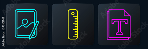 Set line Graphic tablet, Text file document and Ruler. Black square button. Vector.