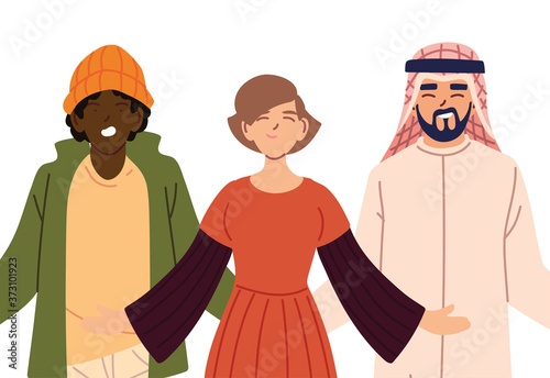 woman black and arabish men cartoons vector design