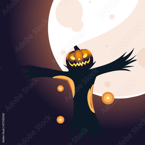 Halloween pumpkin scarecrow cartoon in front of moon vector design