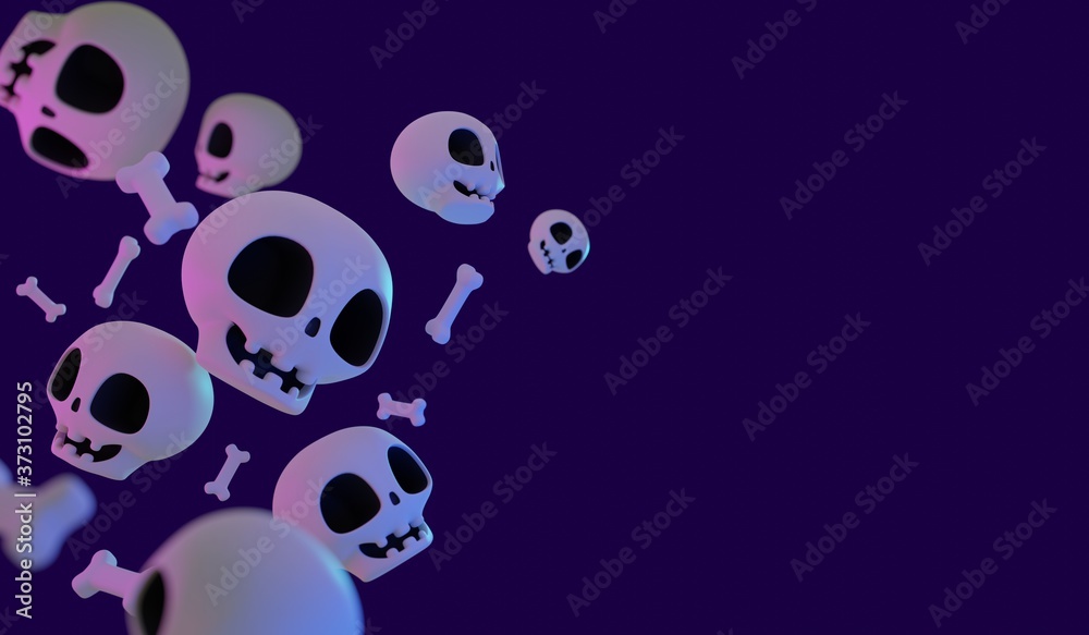 Fototapeta premium 3D rendering pile of cute skulls and bones on dark purple color background concept art for Halloween event