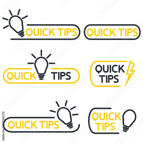 Quick tips icon or symbol set with black and yellow color and lightbulb element. Helpful tricks. Helpful idea, solution and trick illustration. Editable stroke. Quick tip icon set. Vector