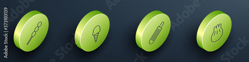 Set Isometric Meatballs on wooden stick, Ice cream in waffle cone, French hot dog and Khinkali cutting board icon. Vector.