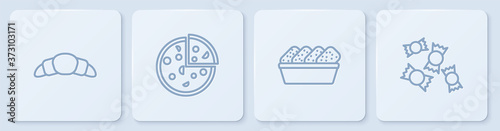 Set line Croissant, Chicken nuggets in box, Pizza and Candy. White square button. Vector.