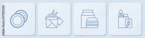 Set line Plate, Online ordering and burger delivery, noodles and . White square button. Vector.