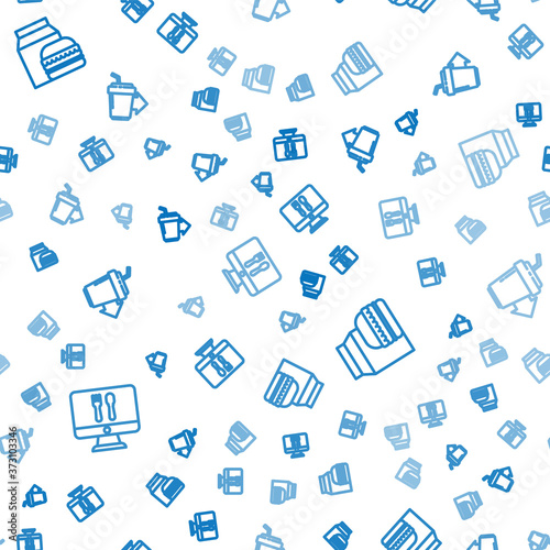 Set line Online ordering and delivery, burger and Coffee cup to go on seamless pattern. Vector.