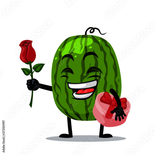 Vector illustration of watermelon mascot or character give flower and holding pink gift