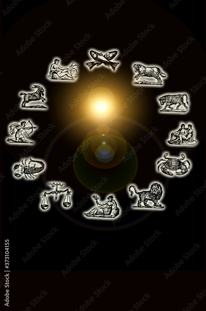 zodiac signs symbols with light and stars over black background like astrology hoscope and esoteric concept 