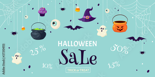 Halloween sale background. Halloween discounts. Trick or Treat. Vector illustration in flat style.