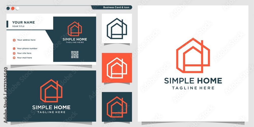Simple home logo with line art style and business card design template ...