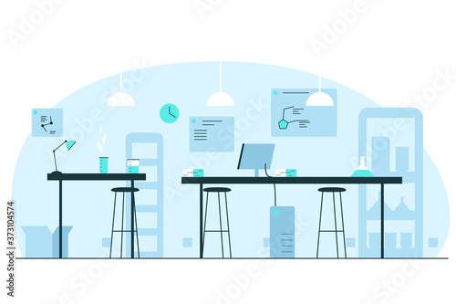 Chemical laboratory interior. Vector concept illustration of a scince lab interior with desks, chairs, tubes, flasks, computer, scientific posters and infographics. Concept of biology vaccine research