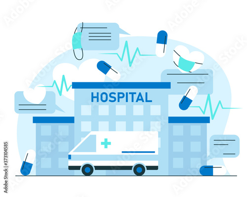 Medical care concept. Vector illustration of a hospital building exterior, ambulance car and other medicine equipment and tools, like mask, pills, heart and cardiogram. Medicine, health care, hospital