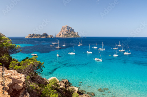 Beautiful panoramic view of  Cala Hort and the mountain Es Vedra. Balearic Islands, Spain photo